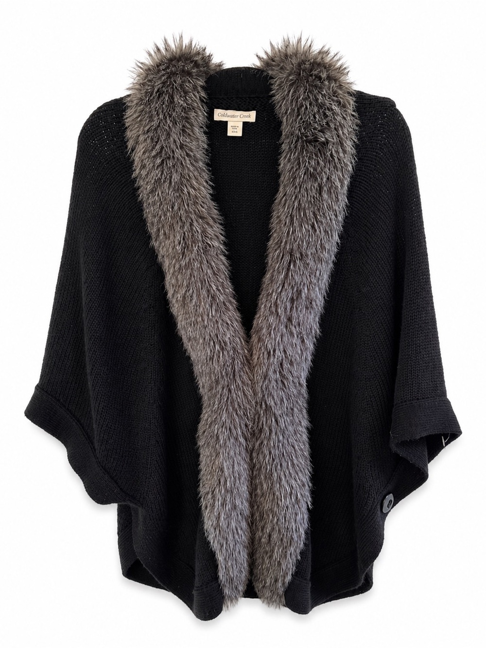Coldwater Creek Women XS/S Black Cardigan Faux Fur Trim Merino Wool Blend